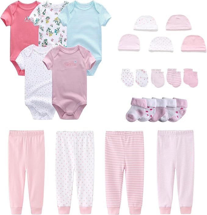 Newborn Layette Gift Set Bodysuits Pants for Baby Girl and Boy 24 Piece 100% Cotton Essentials and Accessories