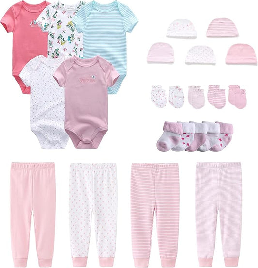 Newborn Layette Gift Set Bodysuits Pants for Baby Girl and Boy 24 Piece 100% Cotton Essentials and Accessories