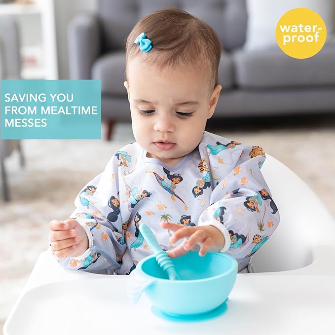 Bumkins Disney Sleeved Bib for Girl or Boy, Baby and Toddler for 6-24 Mos, Essential Must Have for Eating, Feeding, Baby Led Weaning Supplies, Long Sleeve Mess Saving Food Catcher, Jasmine