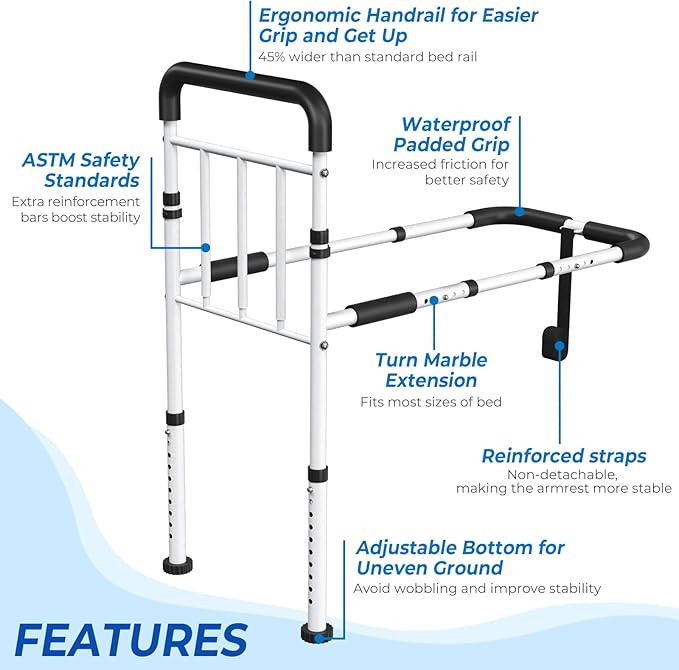 Bed Assist Rail for Elderly 2026 Upgrade - ASTM Certified, 400 LBS Capacity, Tool-Free, Stable Bed Assist Rails for Seniors with Ergonomic Non-Slip Handle & Storage Pocket