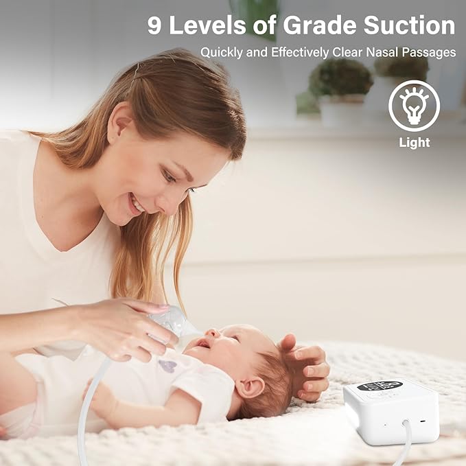 Nasal Aspirator for Baby, Nose Sucker with 9 Suction Levels, Electric Snot Sucker, 3 Levels Night Light & Nursery Rhyme Soothing Function, Food-Grade Silicone Tips