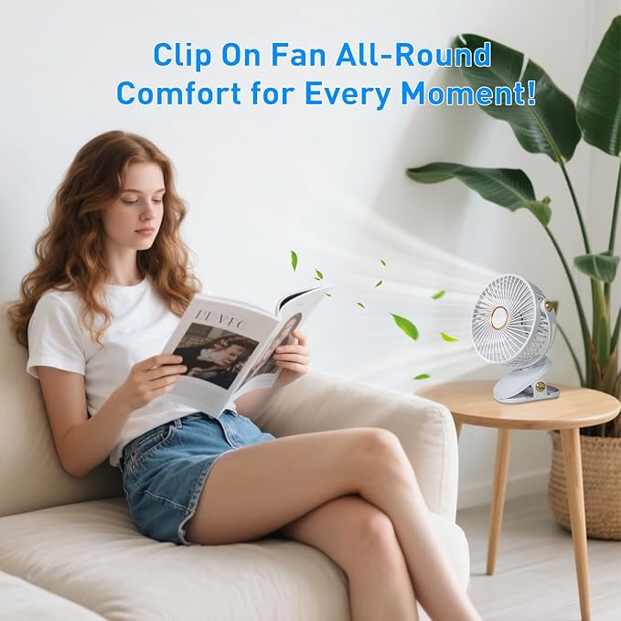 HUO JI Portable Clip on Fan 5 Speeds 360° Dual Rotation Brushless Motor Ultra Quiet <20dB LED Light USB Rechargeable