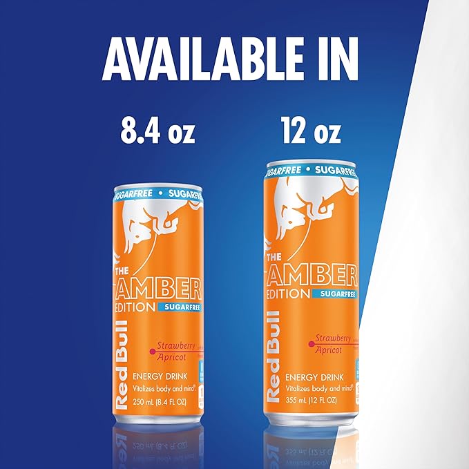 Red Bull Amber Edition Sugar Free Energy Drink, Strawberry Apricot, with 114mg Caffeine plus Taurine & B Vitamins, 12 Fl Oz, Pack of 24 Cans