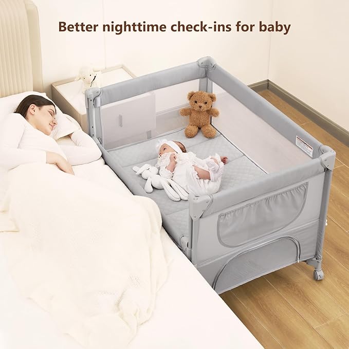ANGELBLISS Baby Bassinet Bedside Crib, Pack and Play with Mattress, Diaper Changer, One-Push Setup Playards from Infants to Toddlers (Grey)