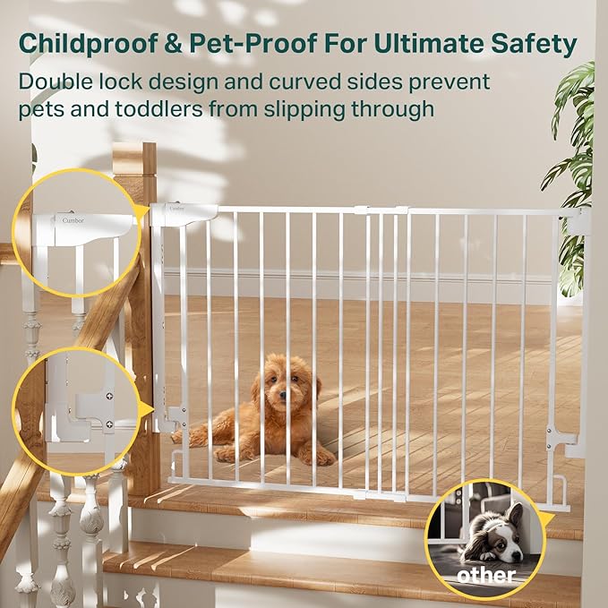 Cumbor 29.2–43" Baby Gate for Stairs, Wall-Mounted (Drill Required), Expandable No Bottom Bar Dog Gate, Auto Close Extra Wide Walk Thru, Pet & Toddler Proof Gate, Top & Bottom of Stairways (White)