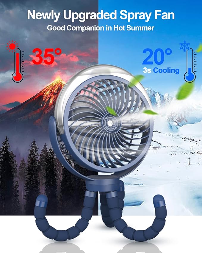 Misting Stroller Portable Fan, 6000mAh Battery Operated Fan with 3-Speed, 360° Rotation, LED Light, Flexible Tripod for Baby, Dark Blue