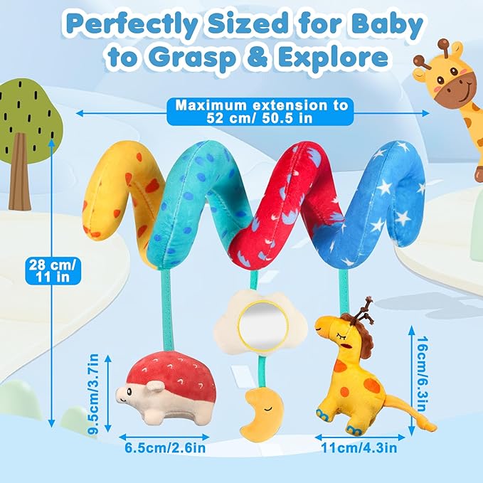 URMYWO Spiral Car Seat Toys for Babies 0-6 Months, Hanging Toy Fits Stroller, Developmental Sensory Baby Toy with Teether Crinkle Mirror, Baby Travel Gear Shower Gift for Boys Girls