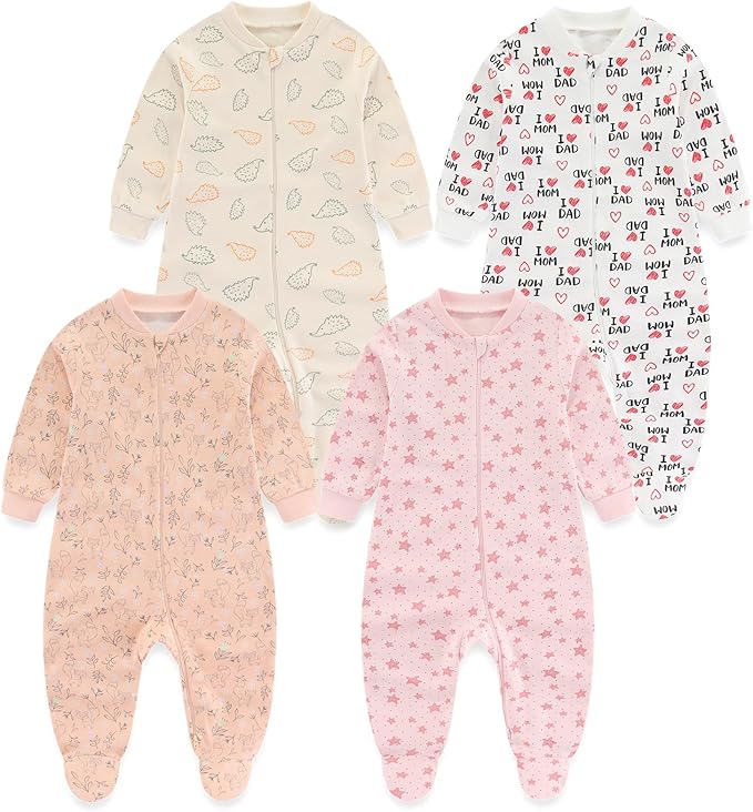 Baby Boys Girls Footies One-Piece Romper Long-Sleeve Jumsuit Cotton Newborn Clothes Set 4-Pack, Baby Pajamas