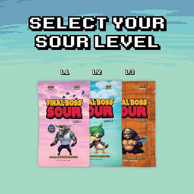 Final Boss Sour Candy, Sour Strawberries, 10 Pack, Level 2, Fruit Chews with Real Dried Fruit, No Artificial Colors or Flavors, Low Calorie Snack for Kids, Teens, Adults, Lunch Boxes & On The Go