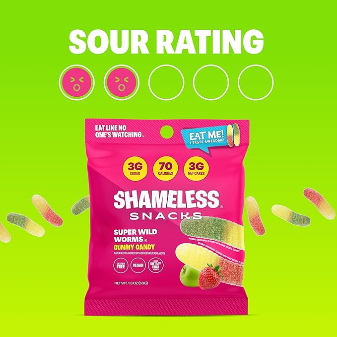 Shameless Snacks - Healthy Low Calorie Snacks, Low Carb Keto Gummies (Gluten Free Candy) - 6 Pack Wild Worms
