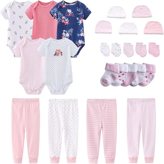 Newborn Layette Gift Set Bodysuits Pants for Baby Girl and Boy 24 Piece 100% Cotton Essentials and Accessories