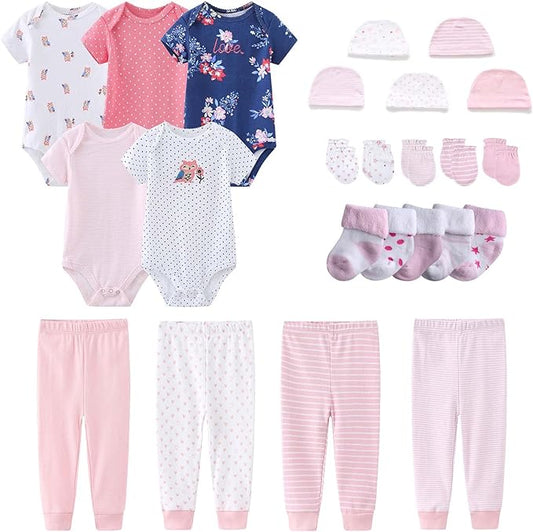 Newborn Layette Gift Set Bodysuits Pants for Baby Girl and Boy 24 Piece 100% Cotton Essentials and Accessories