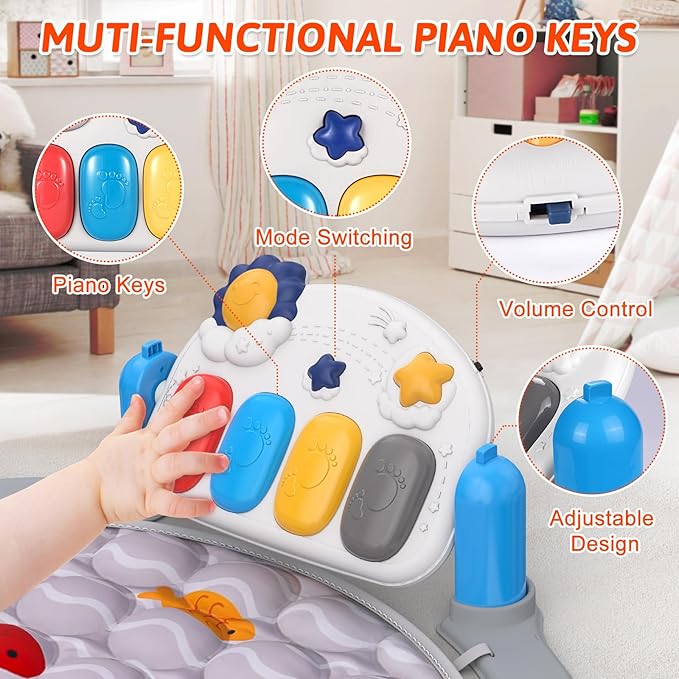 Baby Play Mat Baby Toys Tummy Time Mat for Newborn Infant Toy Piano Music & Light with 5 Toy Musical Activity Center Baby Boy Girl Gifts Toys for Baby Toys 3 6 9 12 Months, Crab Theme