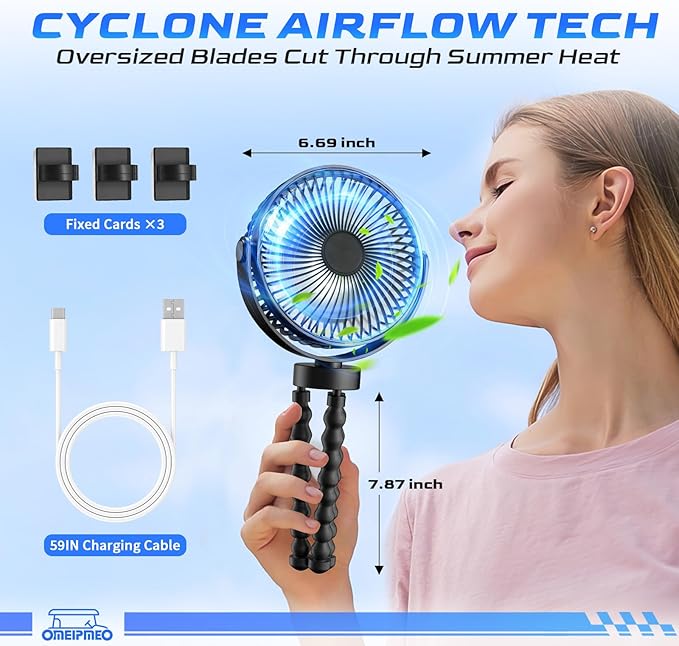 Rechargeable Golf Cart Fan, 12000mAh Stroller Fan, Adjustable 4 Speeds, LED Light, Power Bank, 360° Rotation, Portable Clip on Fans with Flexible Tripod for Club Car EZGO Yamaha