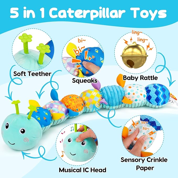 Baby Tummy Time Toys 0-6 Month Musical Stuffed Animal Plush Caterpillar Toy for Infant 6-12 Month Teething Sensory Toy with Crinkle Rattle Babies 0-3-6 Month Newborn Boy Girl Birthday
