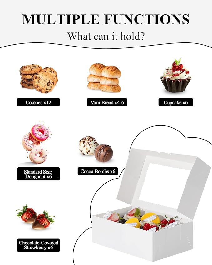 COTOPHER 30Pcs Cookie Boxes with Ribbons, 9x6x3 Inch Bakery Boxes with Window, White Treat Containers for Pastries, Chocolate Covered Strawberries, Dessert, Easter Candy, Muffins, Donuts