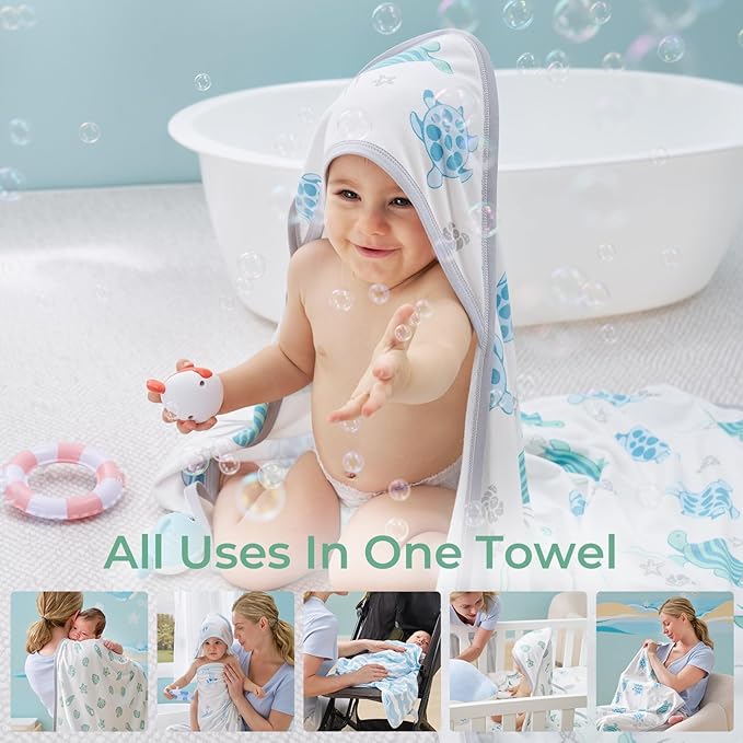 Momcozy Baby Towel with Hooded-Original Design Baby Towel Set -Soft & Absorbent- Shower Gifts or Bath Essential for Infant, Newborn, Toddler, Marine Sea Turtle Shells Magic