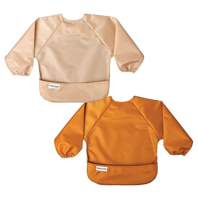 Tiny Twinkle Mess Proof Baby Bibs, 2pk Waterproof Smock Baby Bibs for Eating, Machine Washable Long Sleeve Bibs, Baby Led Weaning, Toddler Bibs, BLW Supplies (Sand Cinnamon, Large 2-4 Years)