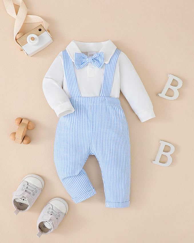 Newborn Baby Boy Clothes Gentleman Wedding Suit Infant Outfits Formal Dress Shirt+Bowtie+Suspender Pants