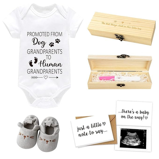 Pregnancy Announcement for Grandparents - Surprise Baby Announcement Gifts Set for Grandma Grandpa- Pregnancy Test Keepsake Box, Baby Onesie & Shoes, Pregnancy Reveal Card