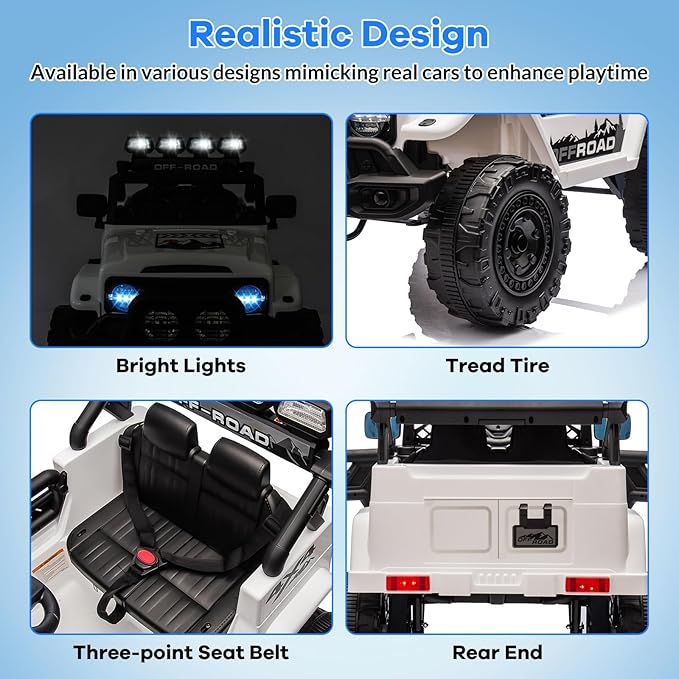 GarveeLife 12V Kids Ride On Car, Ride On Toy for Kids Ages 37-96 Months, Electric Truck with 5MPH Max Speed, Remote Control, Steering Wheel, Accelerator Pedal, Treaded Tires, Music and Story, White