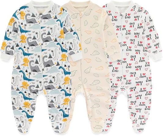 Newborn Baby 2-way Zipper Romper Cotton One-piece Jumsuit 3-pack, 0-24 Months