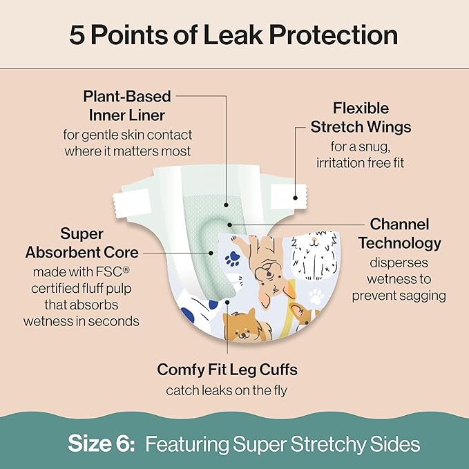 The Honest Company Clean Conscious Diapers for Delicate Skin | Up to 100% Leakproof | Hypoallergenic, Fragrance Free | Gender Neutral | Super Club Box, Size 6 (35+ lbs), 68 Count (Prints May Vary)