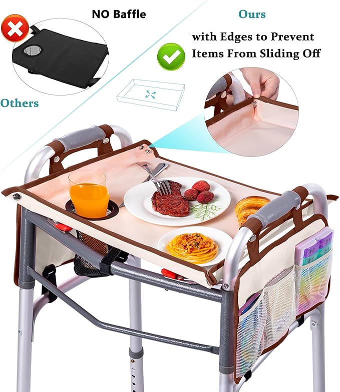 BAGSFY Walker Tray with Cup Holder & 2 Side Pockets, Folding Walker Table for Seniors | Sturdy, Easy-Clean Tray with PEVA Surface | Universal Fit for Standard Walkers, Walker Accessory for Elderly