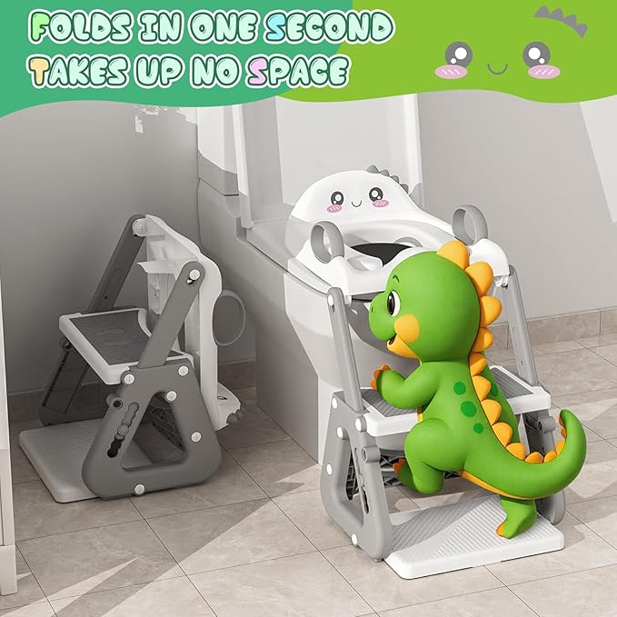 Potty Training Seat, Upgrade 2 in 1 Potty Training Toilet with Step Stool Foldable Toddler Toilet Seat for Kids Boys Girls Toddler Potty with Splash Guard Anti-Slip Pad Adjustable Ladder & Seat Height