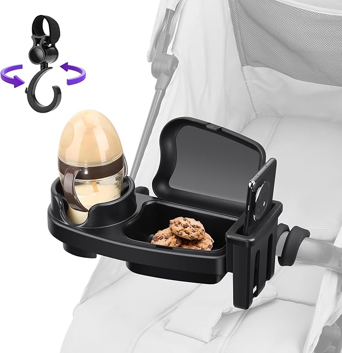 Universal Stroller Snack Tray, 3 in 1 Stroller Cup Holder with Phone Holder and Silicone Flexible Arms Grip, Stroller Tray Attachment Compatible with Uppababy, Baby Jogger, Britax (Snack Tray)
