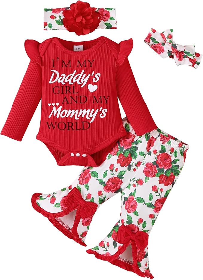 SUNNY PIGGY Newborn Baby Girl Clothes Infant Outfits Romper Floral Fall Outfit Bell Bottoms Pant Sets Hat Headband Flowerpant