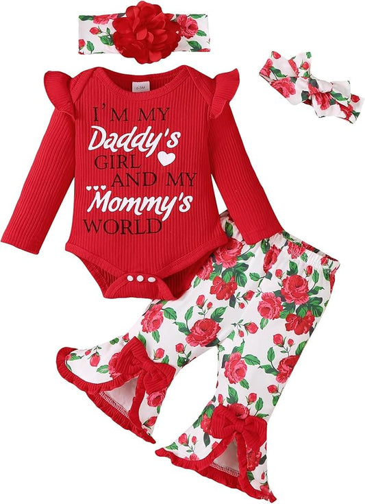 SUNNY PIGGY Newborn Baby Girl Clothes Infant Outfits Romper Floral Fall Outfit Bell Bottoms Pant Sets Hat Headband Flowerpant