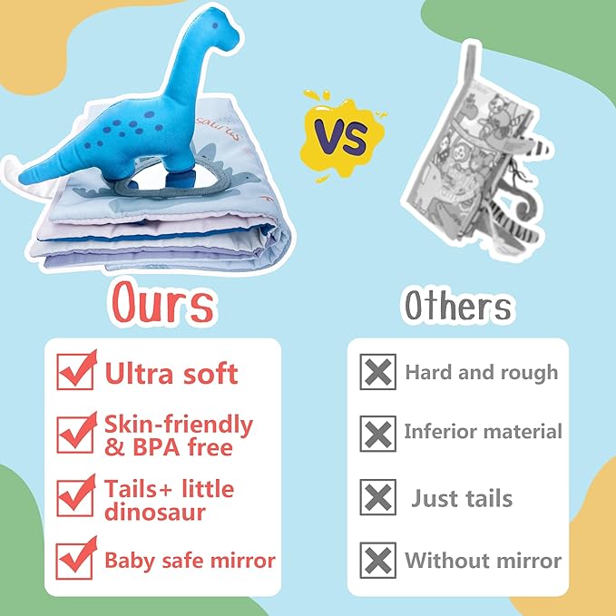 Richgv Baby Books Toys 0-6-12 Months, Baby Boy Gifts Touch and Feel Crinkle Books with Dino Doll, Newborn Infant Carseat Toys 6-9-12 Months Shower Gifts Easter Basket Stuffers
