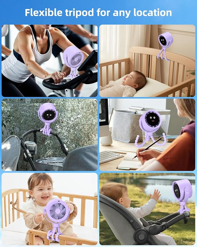 Stroller Fan Portable, Personal Fan for Travel, Air Turbo Tech & Digital display, Detachable 5 Speeds Rechargeable 360° Rotate Flexible Tripod Fan, For Home Office Stroller Camping - Purple