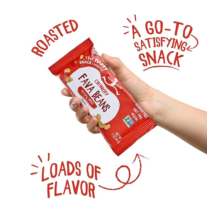 The Happy Snack Company Fava Beans Variety Pack 24 x 1 oz (Smoky BBQ Flavor and Pizza Flavor).Gluten free. Nut free. Dairy free. Non-GMO and Vegan. 5g Protein & 130 Cals.