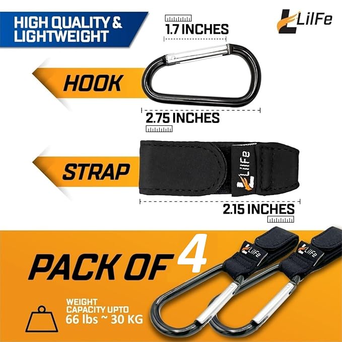 4 Pcs Baby Stroller Hooks for Hanging | Multipurpose Stroller Straps with Durable and Stylish Stroller Clips for Diaper Bags | The Perfect Mummy Hook for Stroller, Walker and Shopping (Black)