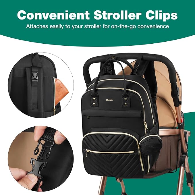 MOMUVO Diaper Bag Backpack, Quilted Baby Bag with Changing Pad and Stroller Straps, Dark Black