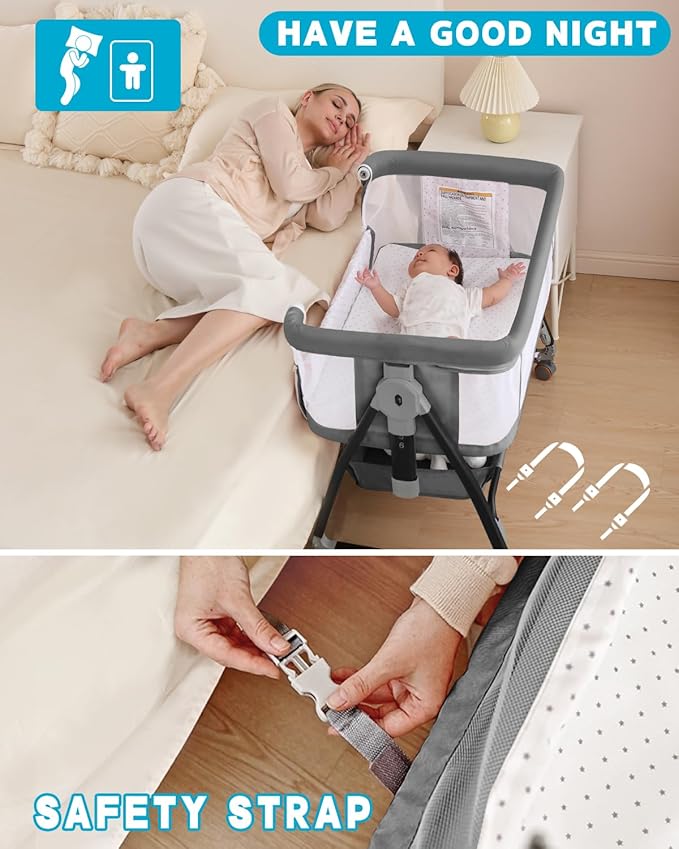 Baby Bassinet, Bassinet Bedside Sleeper with Wheels, Breathable Mesh Bedside Bassinet for Baby, Mosquito Net, Storage Basket, 6 Height Adjustable, Easy to Fold, Grey
