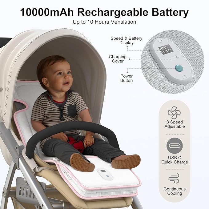 AMACOOL Baby Stroller Cooling Pad, 3D Breathable Carseat Cooling Pad with 2 Built-in Blower, Max 10H Ventilation 3 Speeds 10000mAh Rechargeable Cooling Mat Liner for Toddler Baby Summer Essentials
