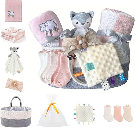 CREVENT Set for Girls -Diaper Caddy Organizer Basket with 2 Blankets, 1 Taggie, 1 Lovey, 3 Socks，1 Headband，1 Gift Bag with Ribbon - Newborn Essential Gift Set (Pink)