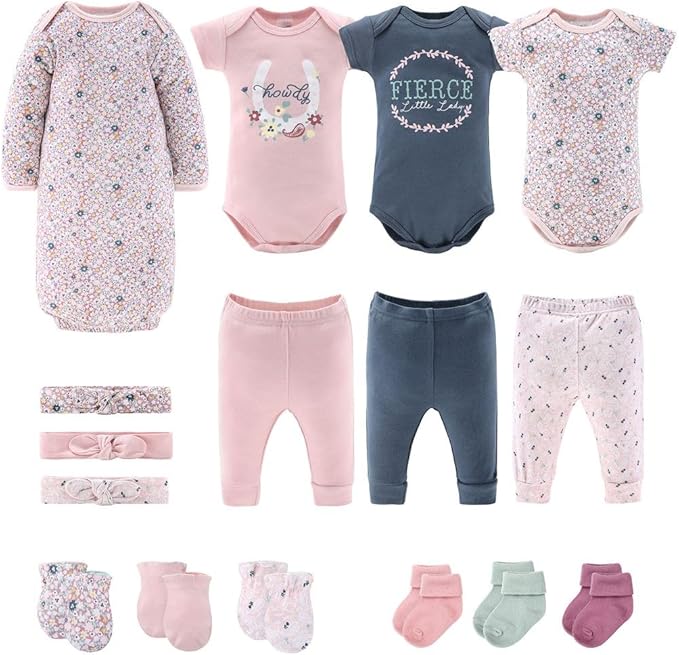 The Peanutshell Baby Layette Gift Set for Girls - 16 Piece New Born Girl Gift Set, Baby Clothes, 0-9 Months - Prairie Floral