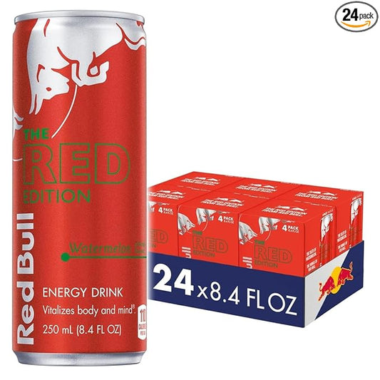 Red Bull Red Edition Energy Drink, Watermelon, with 80mg Caffeine plus Taurine & B Vitamins, 8.4 Fl Oz, 6 Packs of 4 Cans (Pack of 24)