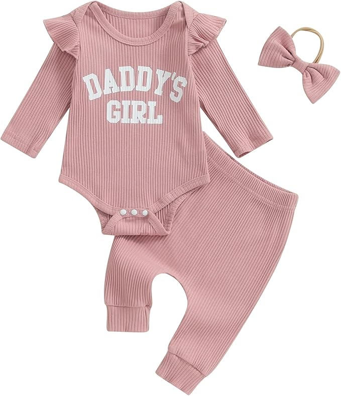 Tsnbre Newborn Baby Girl Outfits Daddys Girls Ruffle Long Sleeve Romper Top Pants Headband Infant Fall Winter Clothes