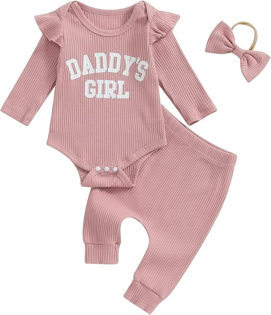 Tsnbre Newborn Baby Girl Outfits Daddys Girls Ruffle Long Sleeve Romper Top Pants Headband Infant Fall Winter Clothes