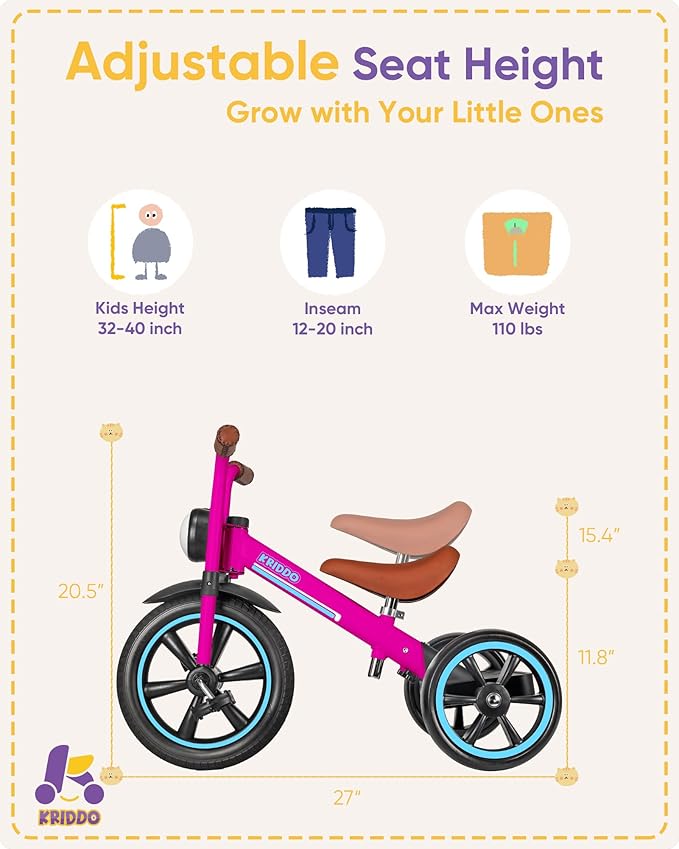 KRIDDO Kids Tricycle, 12 Inch Puncture Free Rubber Wheel w Front Light, Adjustable Seat Height, Gift for 2-5 Year Olds, Pink