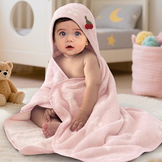 VOOVA & MOVAS Thick Baby Hooded Bath Towel - 100% Cotton,420GSM, 30.5x36 Inches,0-2Years, Super Absorbent Large Towel with Cherry Hood for Newborn,Toddler,Infant, Baby Essentials, Pink Cherry