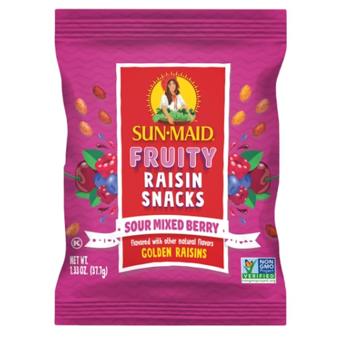 Sun-Maid Sour Mixed Berry Fruity Raisin Snacks - (200 Pack) 1.33 oz Pouches - Sour Mixed Berry Raisins - Dried Fruit Snack for Lunches and Snacks