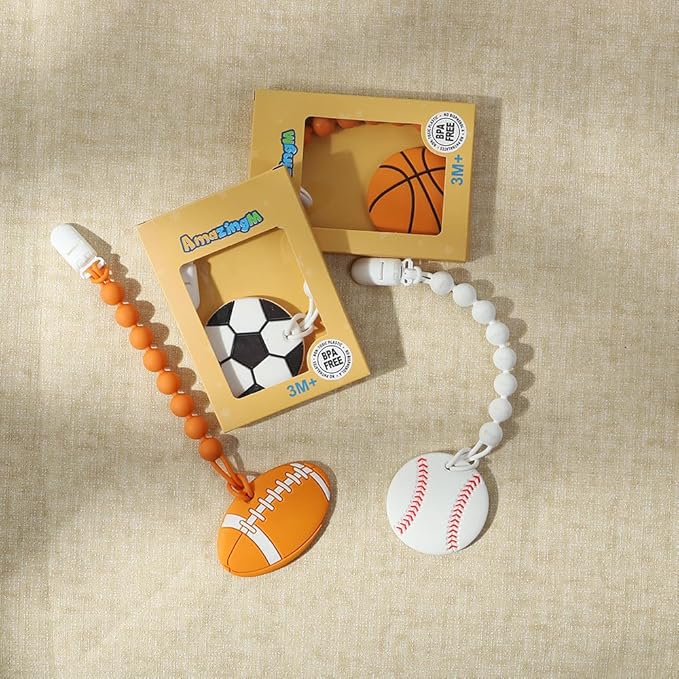 Baby Food Grade Silicone Sport Ball Teether Toy with Pacifier Clip Holder,Teething Toys Gift Set for 3 Months+ Boys and Girls,Freezer Safe,BPA Free. (Basketball)
