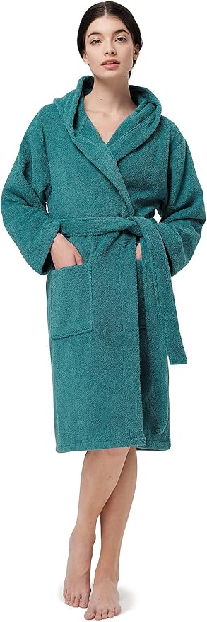 SIORO Womens Hooded Terry Cloth Robe, Cotton Absorbent Knee-Length Bathrobe, Housecoat with Pockets for Spa & Shower
