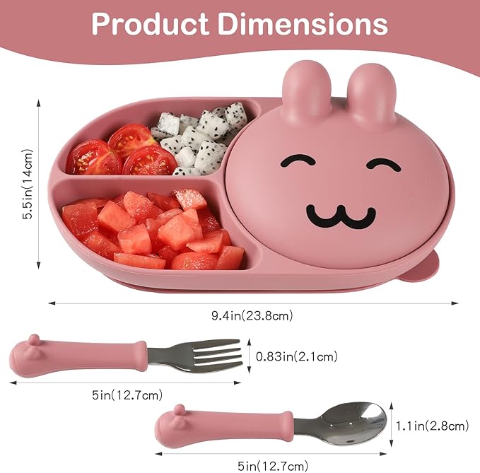 Silicone Baby Plate ,Toddler plates,Self-feeding of infants after weaning , 100% Food Grade Silicone, BPA Free, Including Fork and Spoon, Baby Plates With Suction, Divided Plate for Babies (pink)